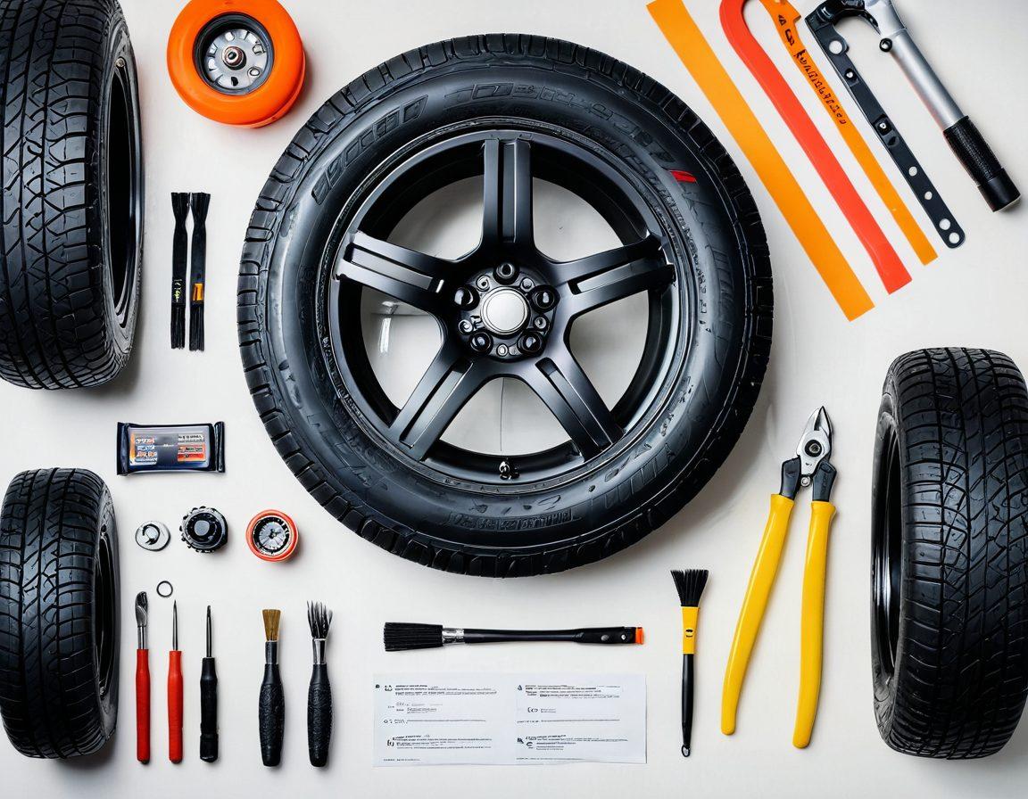 A detailed flat lay of various tire types and sizes arranged on a textured surface, surrounded by tire maintenance tools like a pressure gauge, tire brush, and a checklist. In the background, a car serviced with fresh tires is slightly blurred. Incorporate vibrant colors to highlight the details and textures of the tires, creating a sense of expertise and care. minimalist. vibrant colors. white background.
