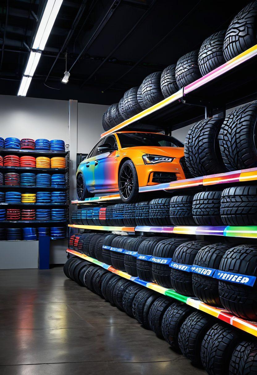 A dynamic scene showcasing various types of tires: all-season tires, performance tires, and off-road tires, artfully arranged in a stylized tire shop environment. Include a rainbow of tire treads highlighted under glowing lights, with a backdrop of checkered flags to emphasize performance. Add an enthusiastic tire expert pointing to the best options for different vehicles. super-realistic. vibrant colors. 3D.