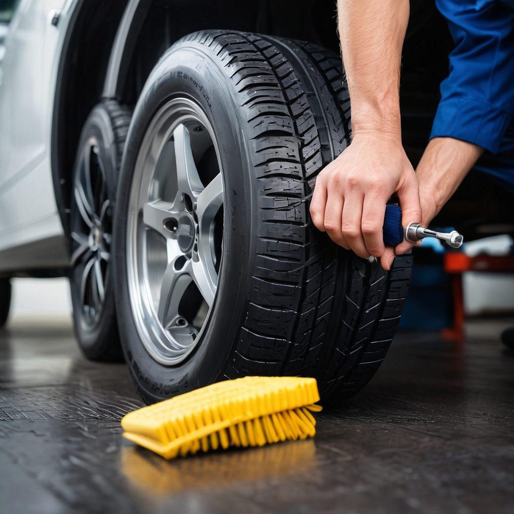 A close-up of a well-maintained tire surrounded by tools like a pressure gauge, lubricant, and cleaning brushes, symbolizing tire care. In the background, a mechanic is inspecting another tire, emphasizing expertise and attention to detail. The scene is illuminated by bright, natural light to evoke a sense of reliability. super-realistic. vibrant colors.